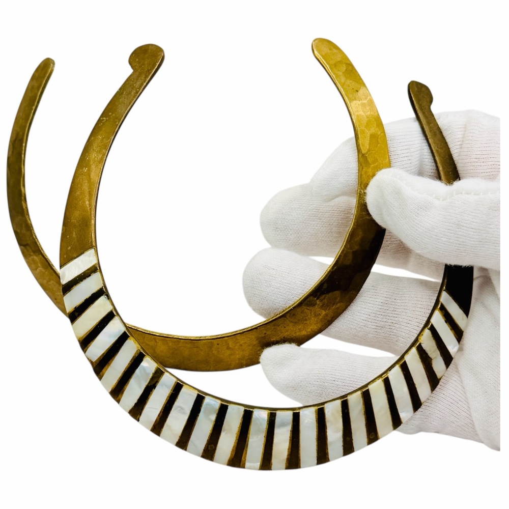 VTG Hammered Brass Crescent Collar Torc Necklace Lot MOP Inlay Tribal Bohemian